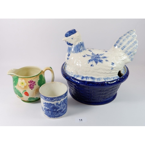 14 - A blue and white chicken on a basket, a floral jug and an Abbey blue and white pot
