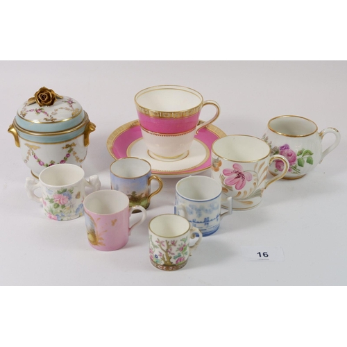 16 - A group of five miniature tankards with painted or printed decoration and other decorative china