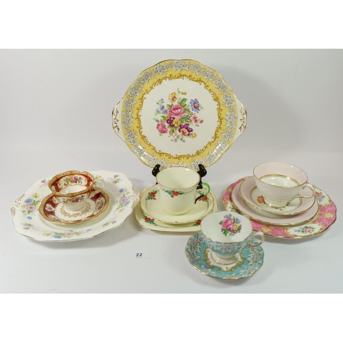 22 - A collection of decorative cups and saucers including Royal Albert, Tuscan etc.