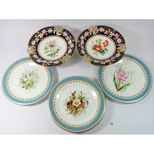 29 - A pair of Victorian dessert comports painted flowers in blue and gilt borders and four Worcester des... 