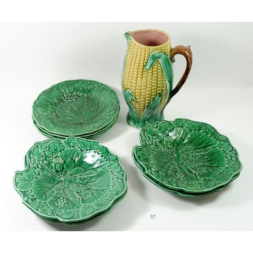 37 - A group of eight Victorian green Majolica leaf plates, several a/f and a similar Victorian Majolica ... 