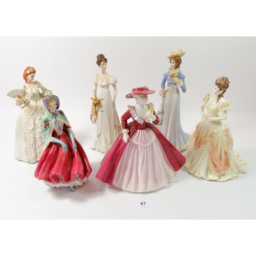 47 - Two Coalport figures, three Franklin Mint figures and a Paragon figure