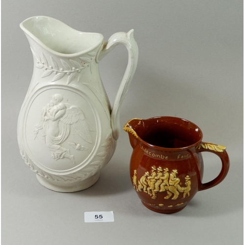 55 - A Victorian press moulded jug, decorated angels and babies and a Dartmouth Pottery Widdicombe Fair j... 