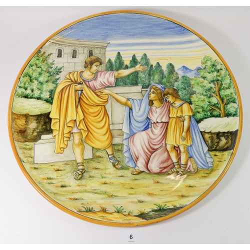 6 - An Italian Majolica charger painted with a classical Roman scene, 42.5cm