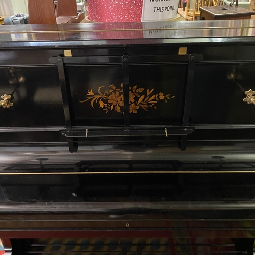 33 - Bechstein ebonised upright piano model number 25391 with brass candle sconces and inlaid centre pane... 