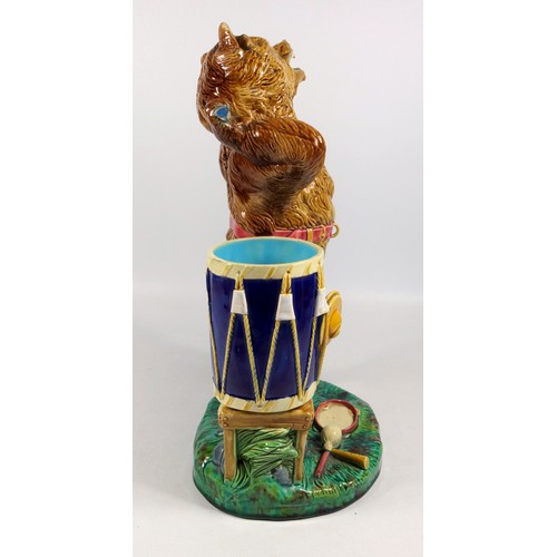 244 - RARE MINTON MAJOLICA MODEL OF A BROWN GLAZED DANCING BEAR, A BLUE DRUM WITH CYMBALS ON A CHAIR BY HI... 