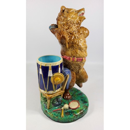 244 - RARE MINTON MAJOLICA MODEL OF A BROWN GLAZED DANCING BEAR, A BLUE DRUM WITH CYMBALS ON A CHAIR BY HI... 