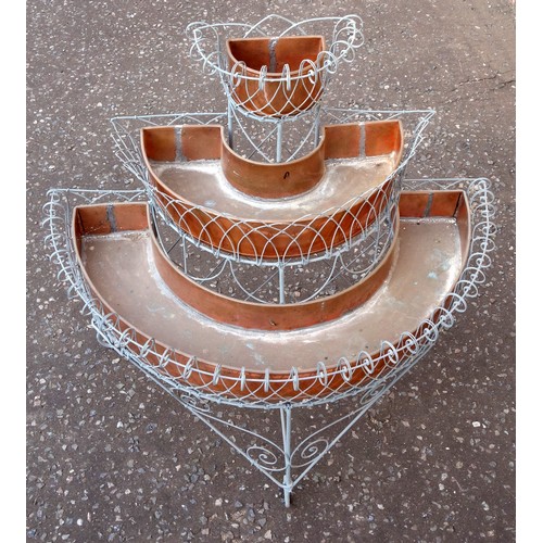 25 - Edwardian wirework triple plant stand, with later purpose made copper troughs, 88 x 88 x 48 cm. Prov... 