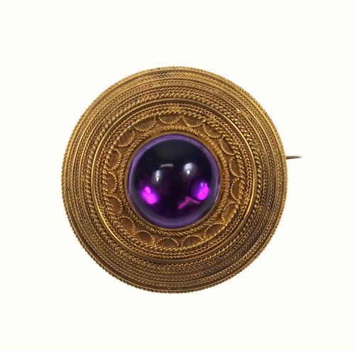 267 - 19th C. Swedish gold target pendant brooch, set with cabochon amethyst within bands of fine wirework... 