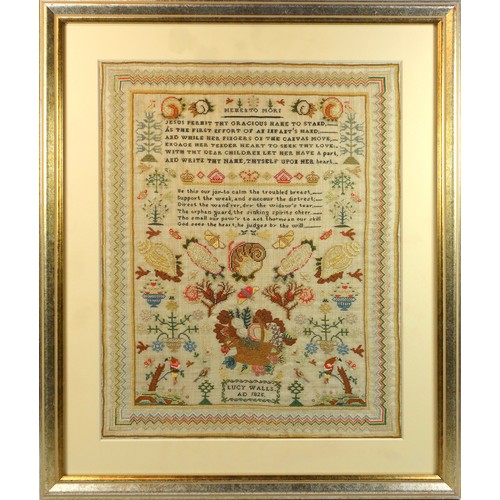 190 - George IV silk & satin work sampler, worked by Lucy Walls, 1825. Sea & land shells, birds, trees, cr... 