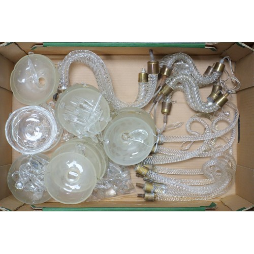 90 - Quantity of glass spiral twist scroll branches, with drip pans, drops and shades, etc. (4 boxes)