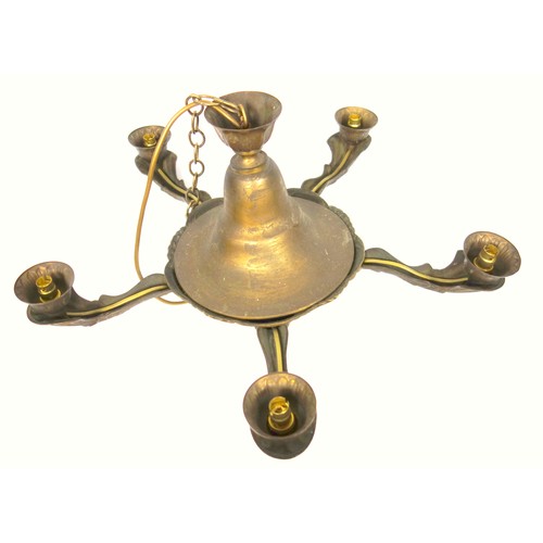91 - Brass circular five branch electrolier with pineapple and scroll decoration, D 54cm