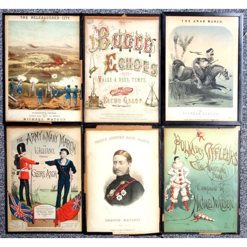 40 - 10 Victorian music score covers including 'The Beleaguered City', all glazed, 35 x 25cm approx.
