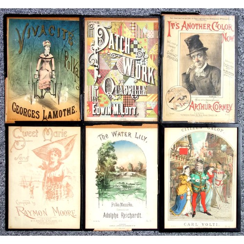42 - 10 Victorian music score covers including 'Vivacite Polka', all glazed, 35 x 25cm approx. (10)