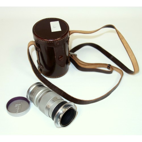 60 - An Ernest Leitz Wetzlar Leica lens, Elmar f-9cm in brown leather carrying case, and a Leitz Leica  T... 