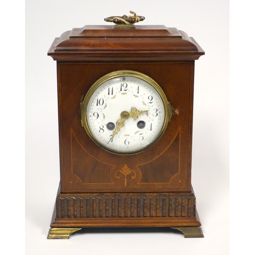 74 - Edwardian mahogany, boxwood line inlaid mantel clock, the circular painted dial with Arabic numerals... 