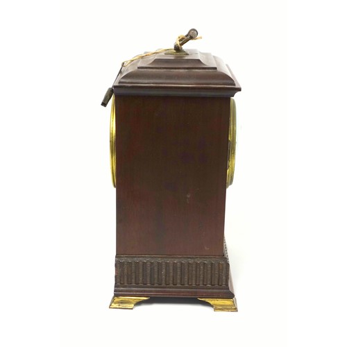 74 - Edwardian mahogany, boxwood line inlaid mantel clock, the circular painted dial with Arabic numerals... 