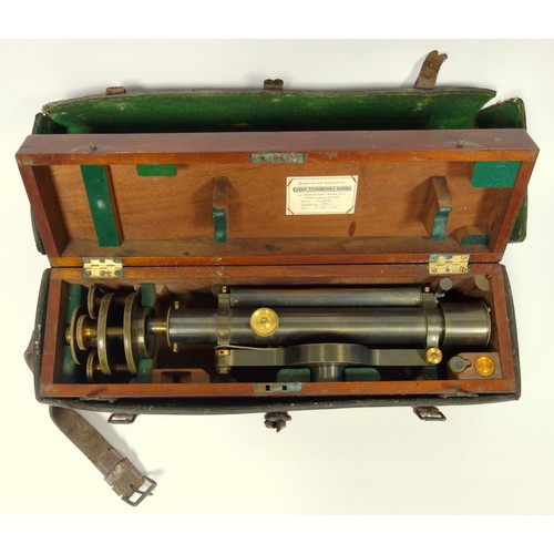 82 - Troughton & Simms brass theodolite in a mahogany case, W 51.8cm and leather carrying case (a lot)