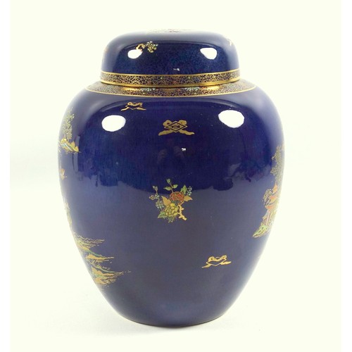 136 - A Crown Devon pottery ovoid jar and cover, decorated in coloured enamels with a chinoiserie scene de... 
