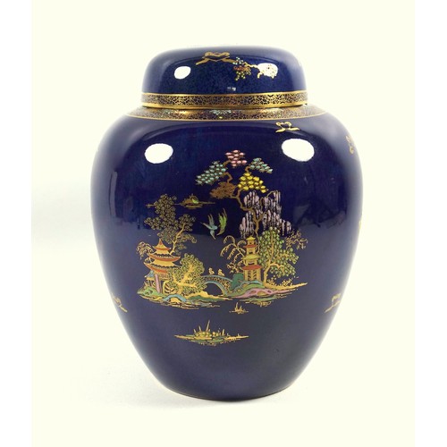 136 - A Crown Devon pottery ovoid jar and cover, decorated in coloured enamels with a chinoiserie scene de... 