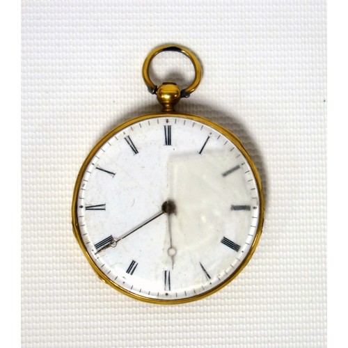 77 - 19th century continental 18K open faced gold pocket watch with a white enamel circular dial, black R... 