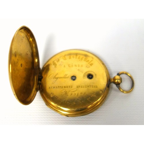 77 - 19th century continental 18K open faced gold pocket watch with a white enamel circular dial, black R... 