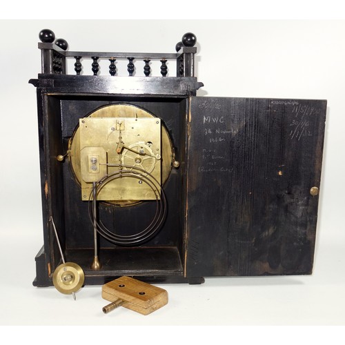 78 - A late Victorian ebonised mantel clock, with galleried to over a blue floral printed dial with Arabi... 