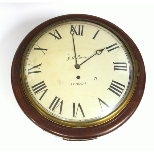 86 - A Victorian mahogany cased wall clock, the circular dial with Roman numerals, inscribed J W Benson t... 