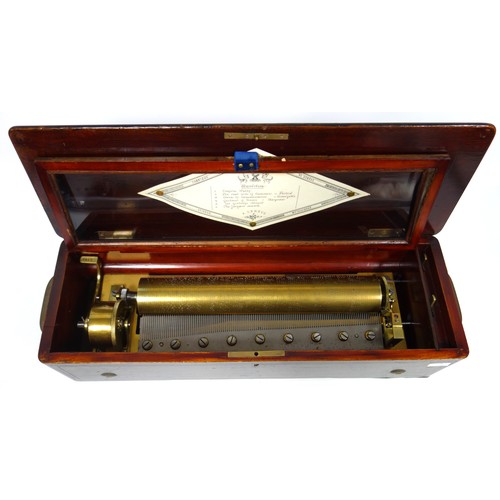 68 - Late 19th century Swiss walnut and marquetry cylinder musical box playing six airs, the handle numbe... 