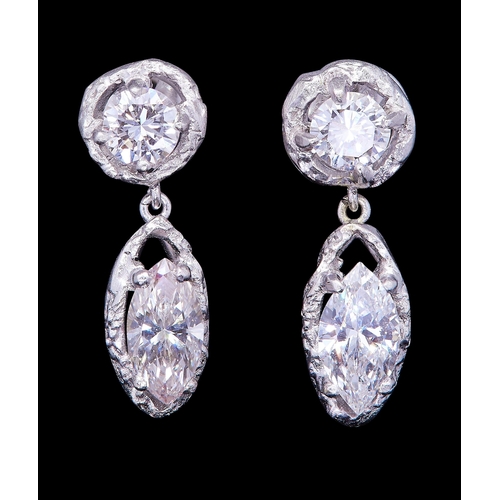 4 - PAIR OF DIAMOND DROP EARRINGS, set with a top round diamonds, with a marquise cut diamond drop. Diam... 