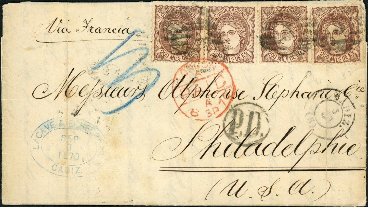 SPANISH MAIL TO US; Range on leaves inc. 1867 E to NY franked with 20c