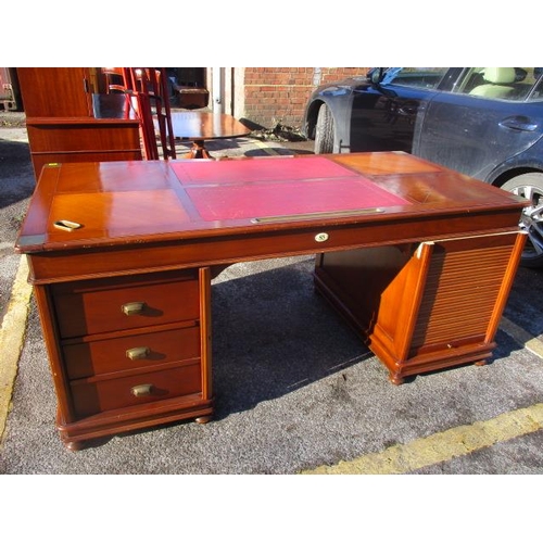 A Modern Yew Wood Partners Desk Having A Red Leather Scriber Over