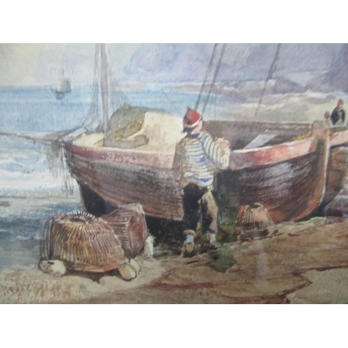 330 - Henry Jutsum - a coastal scene with a man standing by fishing boats and lobster pots by his feet and... 