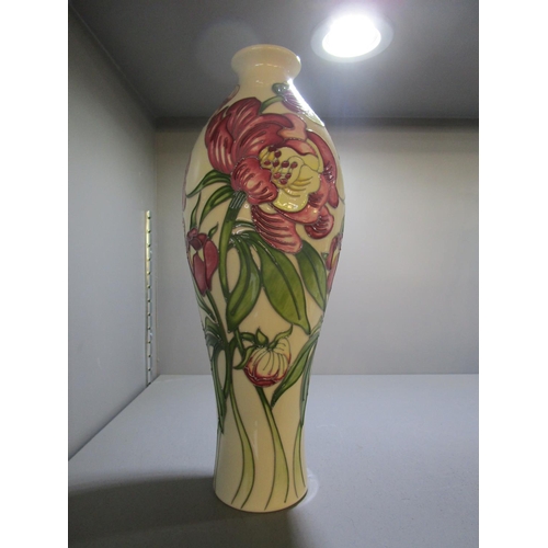 58 - A contemporary Moorcroft trial vase of slender inverted baluster form decorated with pink flowers, g... 