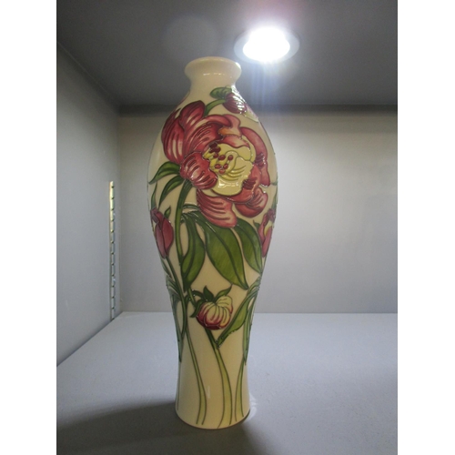 58 - A contemporary Moorcroft trial vase of slender inverted baluster form decorated with pink flowers, g... 
