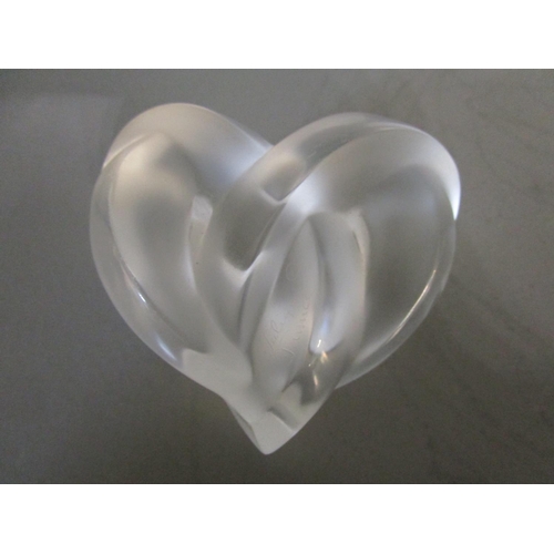 17 - Lalique Glass - two Coeur's Entrelaces, heart Love Knot ornaments/paperweights, unsigned, one in sat... 
