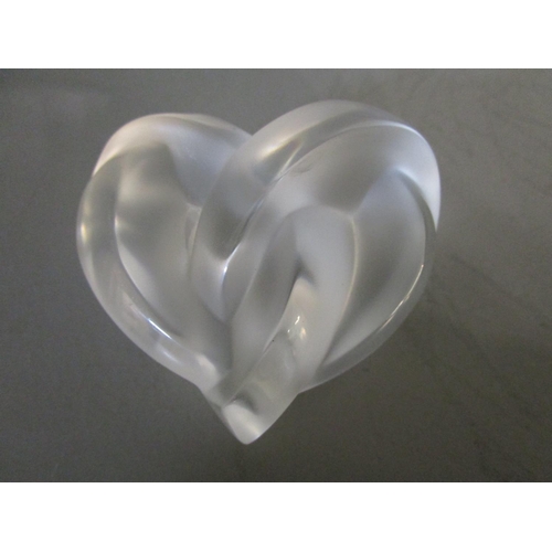 17 - Lalique Glass - two Coeur's Entrelaces, heart Love Knot ornaments/paperweights, unsigned, one in sat... 