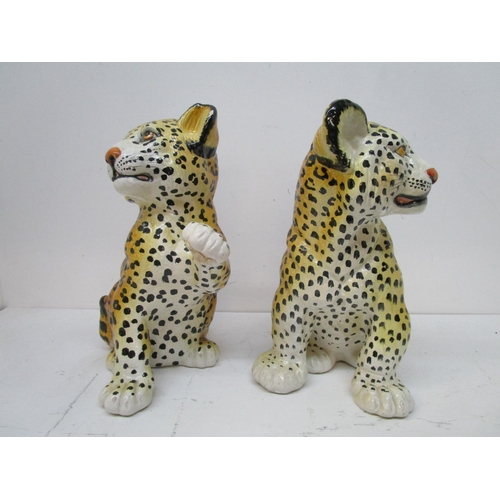 48 - Two Italian pottery, floor standing leopard/cheetah cubs, one signed indistinctly, the tallest 15 1/... 