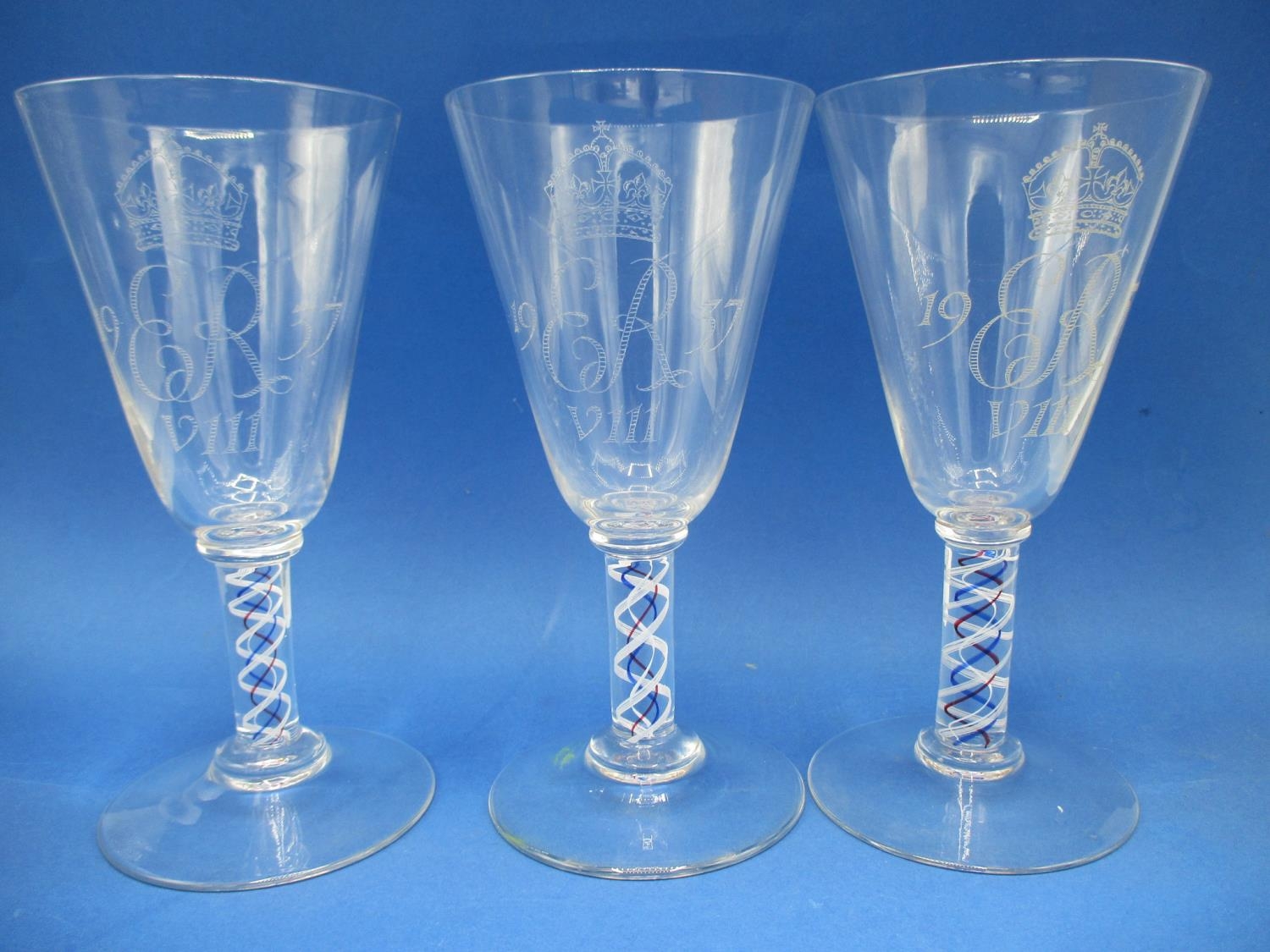 William J Wilson for Whitefriars Glass - six diamond point engraved and ...