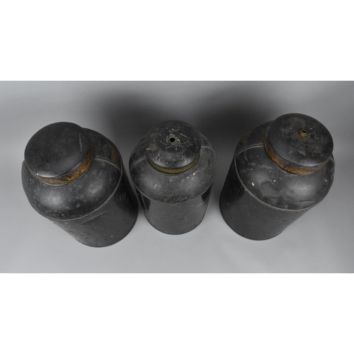 131 - Three large Victorian Chinese tea tin canisters, of cylindrical form, with remnants of painted panel... 