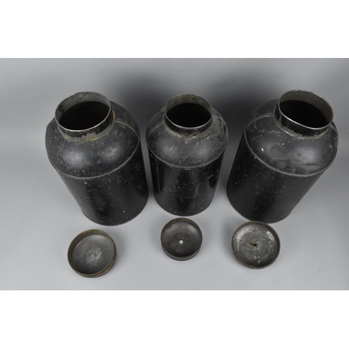 131 - Three large Victorian Chinese tea tin canisters, of cylindrical form, with remnants of painted panel... 