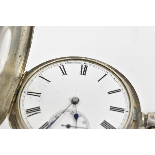 30 - A late Victorian open faced silver cased, key winding pocket watch with a white enamel dial, having ... 