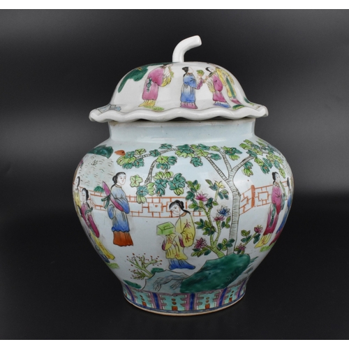 13 - A 19th century Chinese famille rose lidded jar, of baluster form with enamel decorations depicting w... 