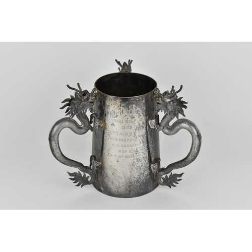14 - An early 20th century Chinese export silver three handled tankard trophy by Luen Wo, mounted with th... 