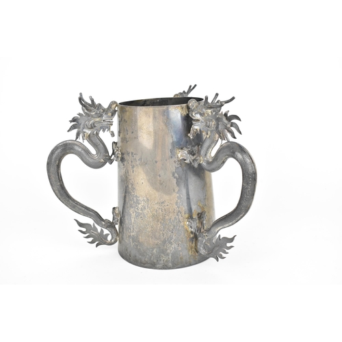14 - An early 20th century Chinese export silver three handled tankard trophy by Luen Wo, mounted with th... 