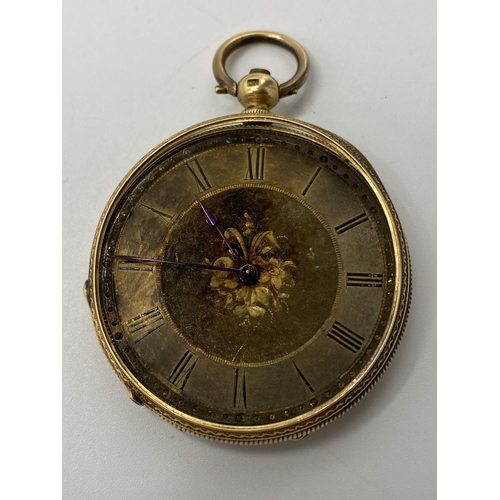 57 - A Late 19th century 18ct gold open faced fob watch having a machine floral decorated centre and Roma... 