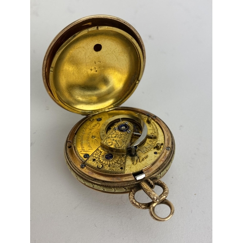 58 - An early 19th century 18ct gold open faced pocket watch by Grimalde & Johnson, the dial having machi... 