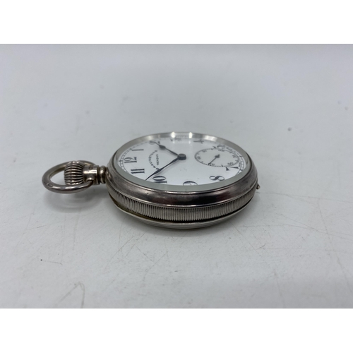 59 - An early 20th century silver open faced keyless wound pocket watch, the white enamel dial signed 'Br... 