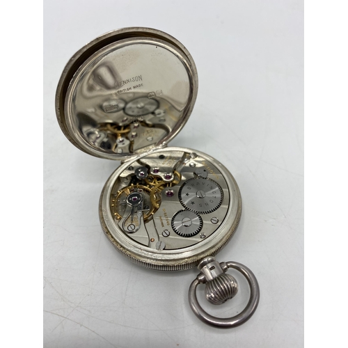 59 - An early 20th century silver open faced keyless wound pocket watch, the white enamel dial signed 'Br... 