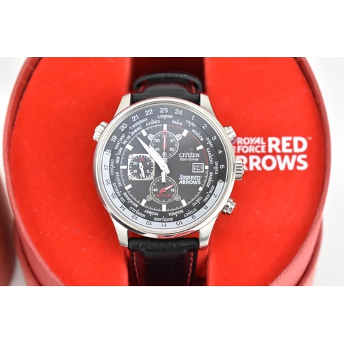 21 - A gents Citizen Eco-Drive Royal Air Force Red Arrows stainless steel wristwatch. Round black dial ha... 